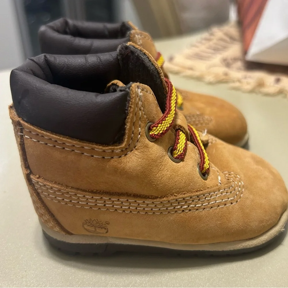 Timberland Kids Tan Suede Boots with Yellow-Red Accent Laces